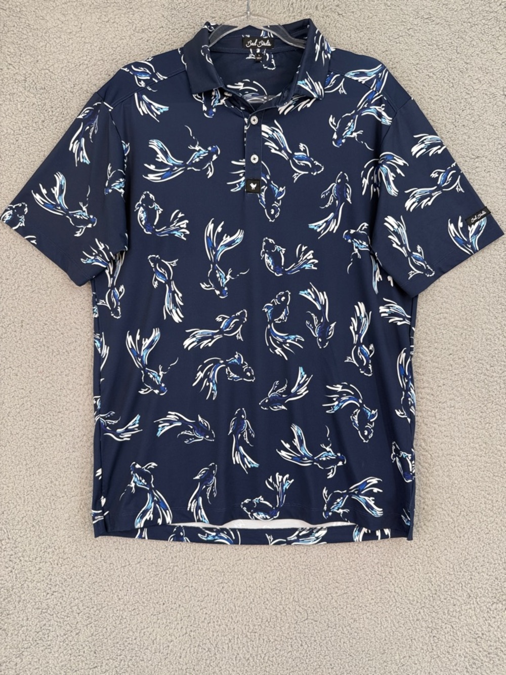 Bad Birdie Men’s Large short sleeve Golf polo shirt Navy & White Koi Print